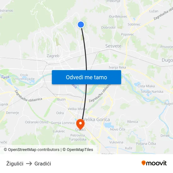Žigulići to Gradići map