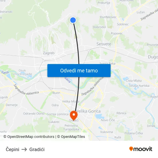 Čepini to Gradići map