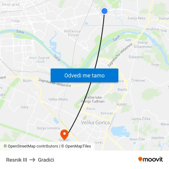 Resnik III to Gradići map