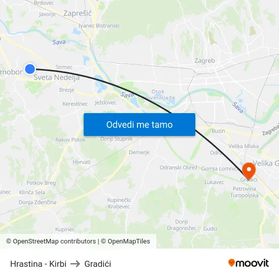 Hrastina - Kirbi to Gradići map