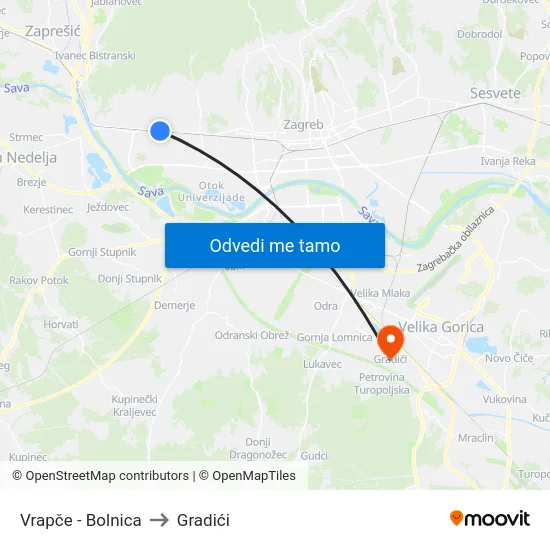 Vrapče - Bolnica to Gradići map