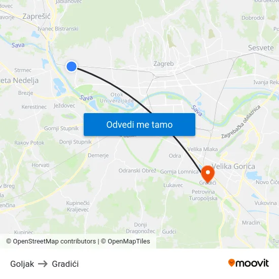 Goljak to Gradići map
