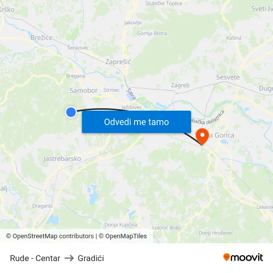 Rude - Centar to Gradići map