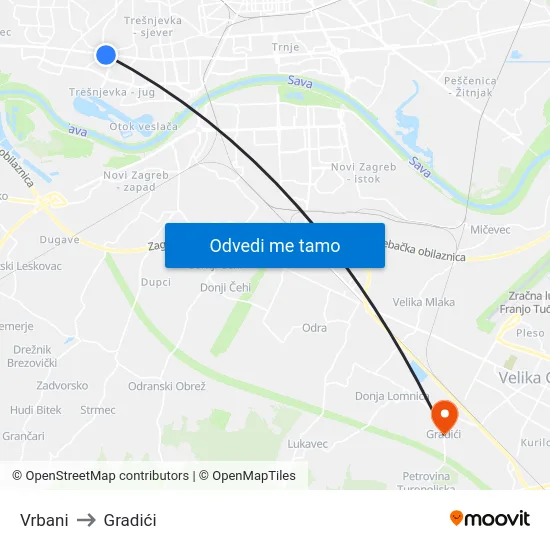 Vrbani to Gradići map
