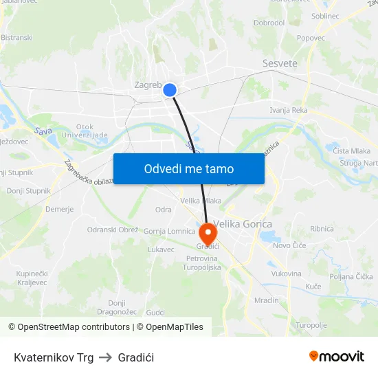 Kvaternikov Trg to Gradići map