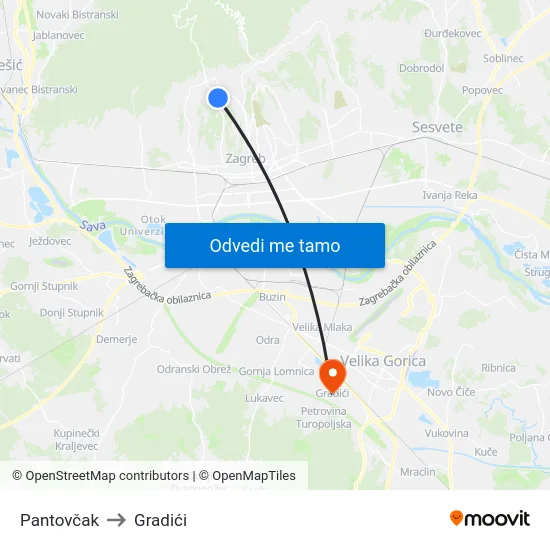 Pantovčak to Gradići map