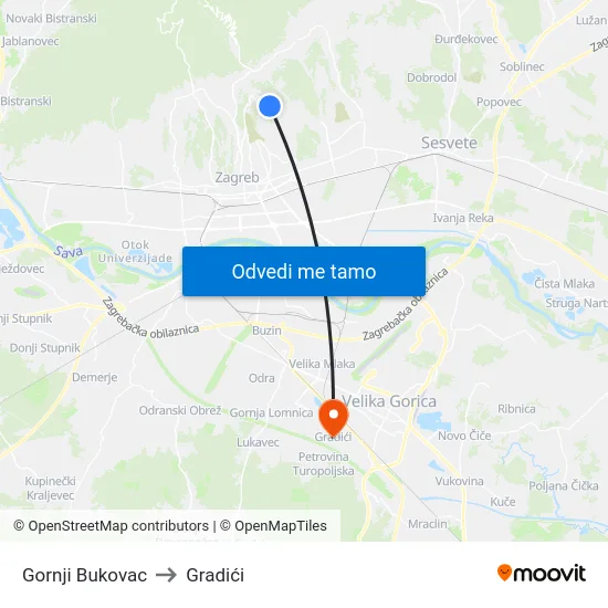 Gornji Bukovac to Gradići map