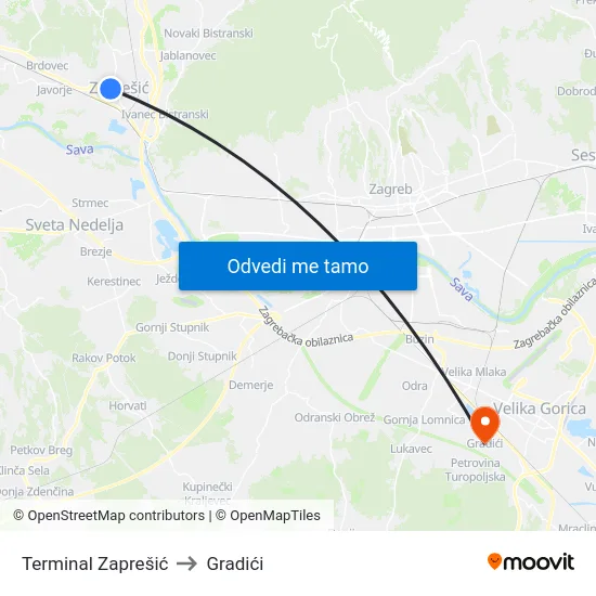 Terminal Zaprešić to Gradići map