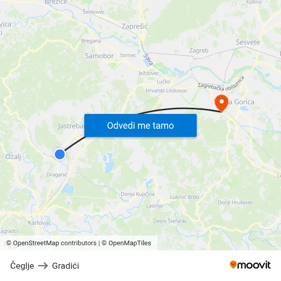 Čeglje to Gradići map