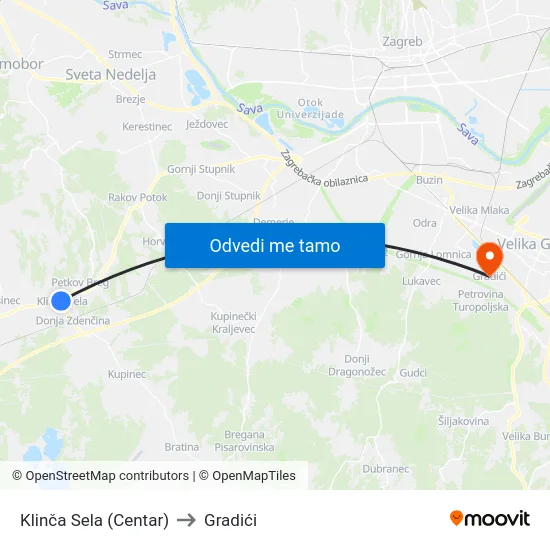 Klinča Sela (Centar) to Gradići map