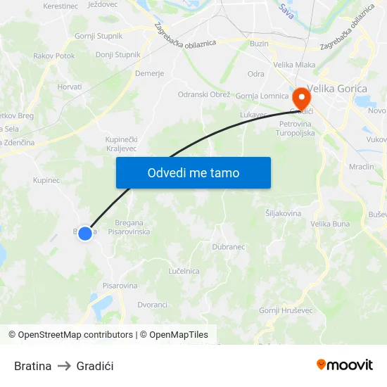 Bratina to Gradići map