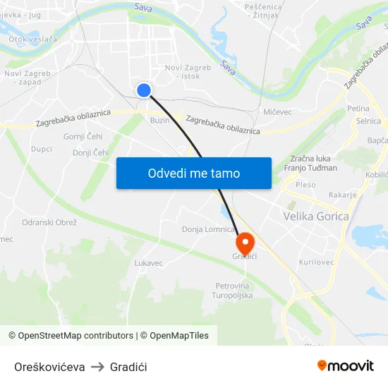 Oreškovićeva to Gradići map