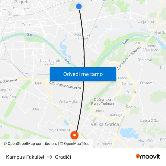 Kampus Fakultet to Gradići map