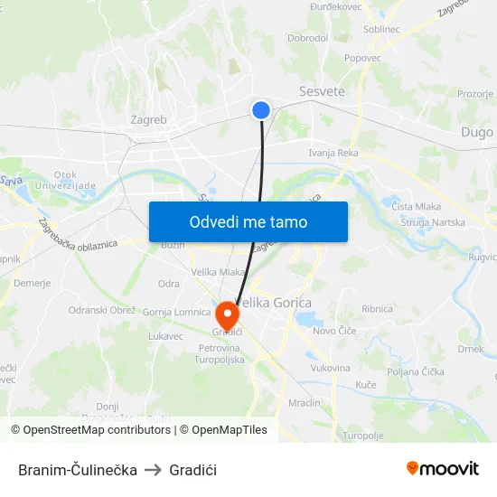 Branim-Čulinečka to Gradići map