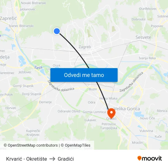 Krvarić - Okretište to Gradići map