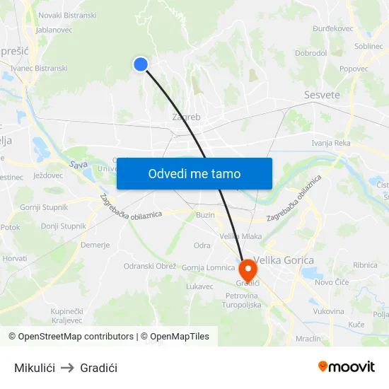 Mikulići to Gradići map