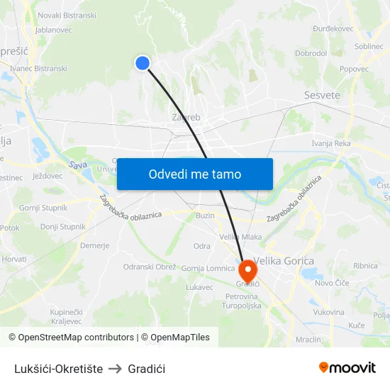 Lukšići-Okretište to Gradići map