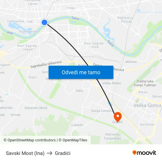 Savski Most (Ina) to Gradići map