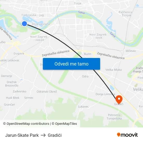 Jarun-Skate Park to Gradići map
