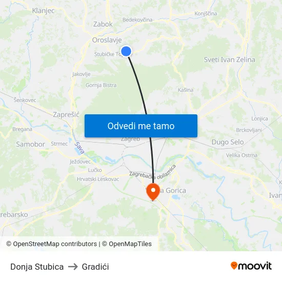 Donja Stubica to Gradići map