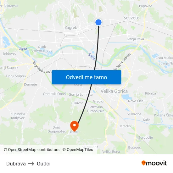 Dubrava to Gudci map