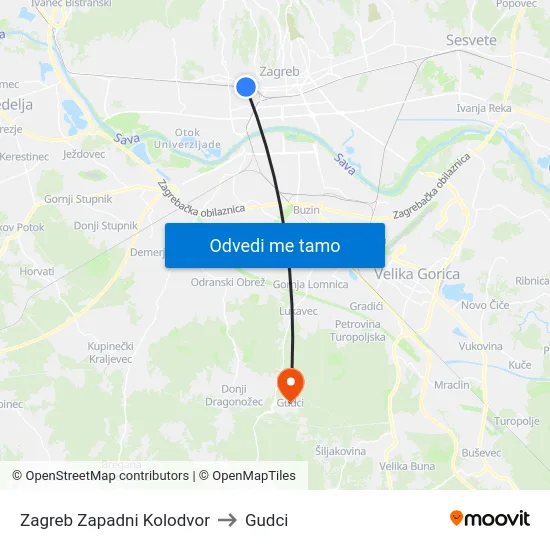 Zagreb Zapadni Kolodvor to Gudci map