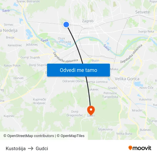 Kustošija to Gudci map