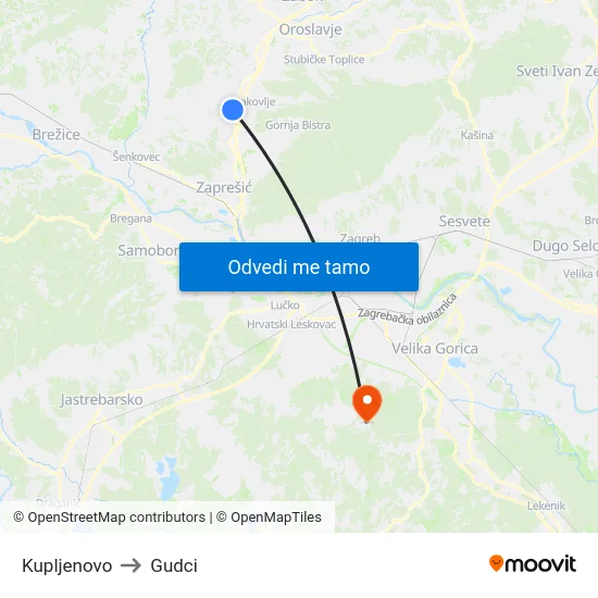 Kupljenovo to Gudci map