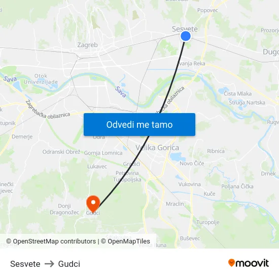 Sesvete to Gudci map