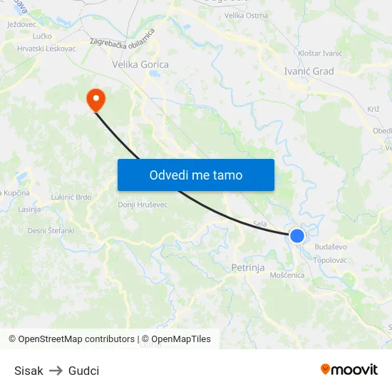 Sisak to Gudci map