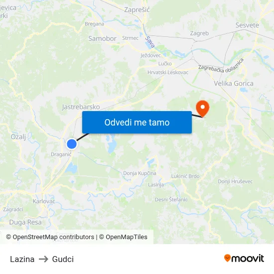 Lazina to Gudci map