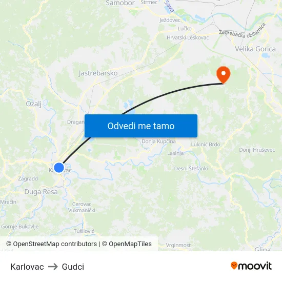 Karlovac to Gudci map
