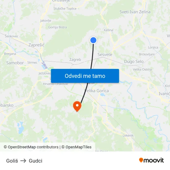 Goliš to Gudci map