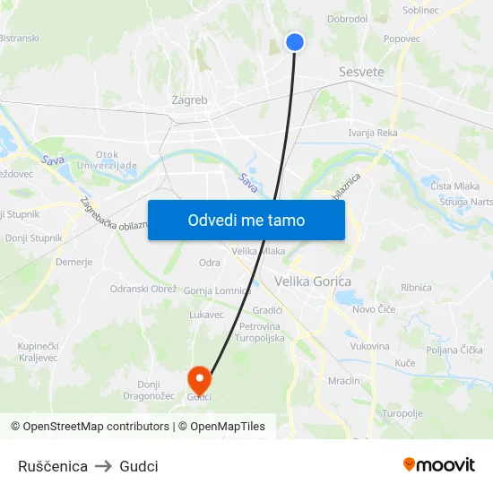 Ruščenica to Gudci map