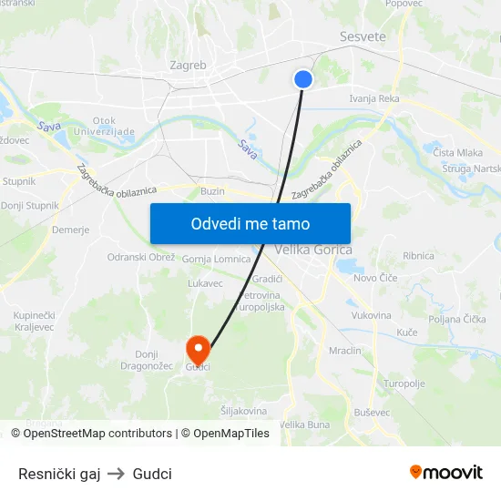 Resnički gaj to Gudci map