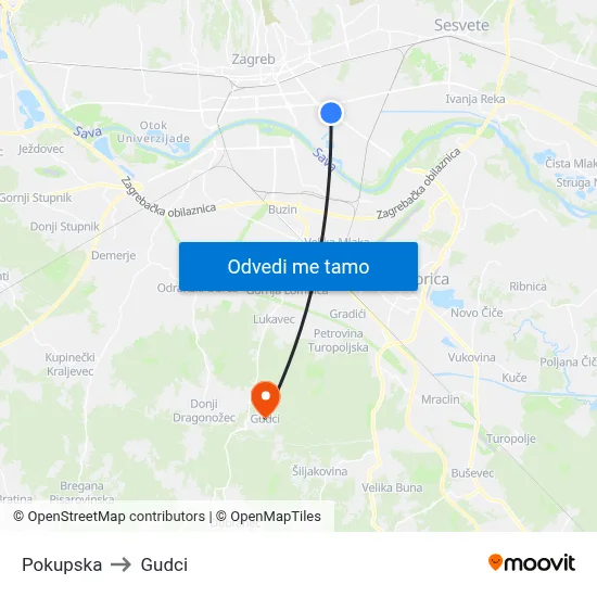 Pokupska to Gudci map