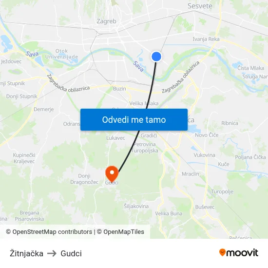 Žitnjačka to Gudci map
