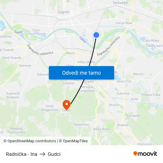 Radnička - Ina to Gudci map