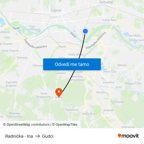 Radnička - Ina to Gudci map