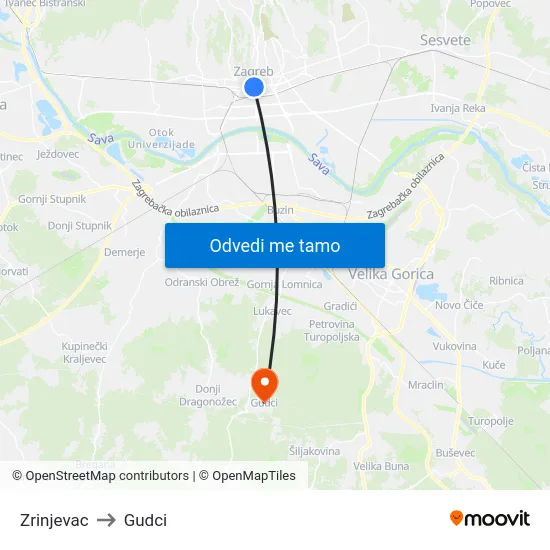 Zrinjevac to Gudci map