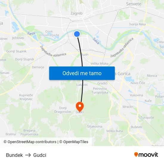Bundek to Gudci map