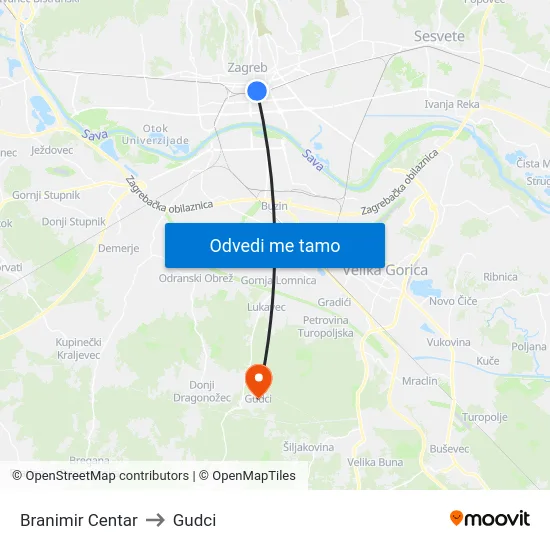 Branimir Centar to Gudci map