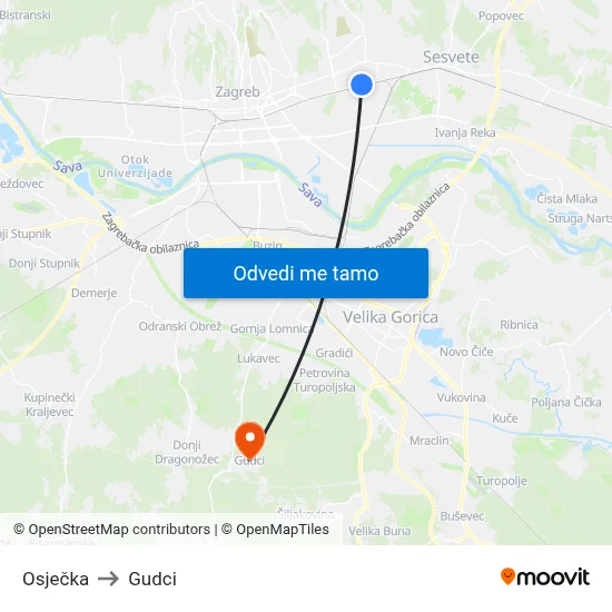 Osječka to Gudci map