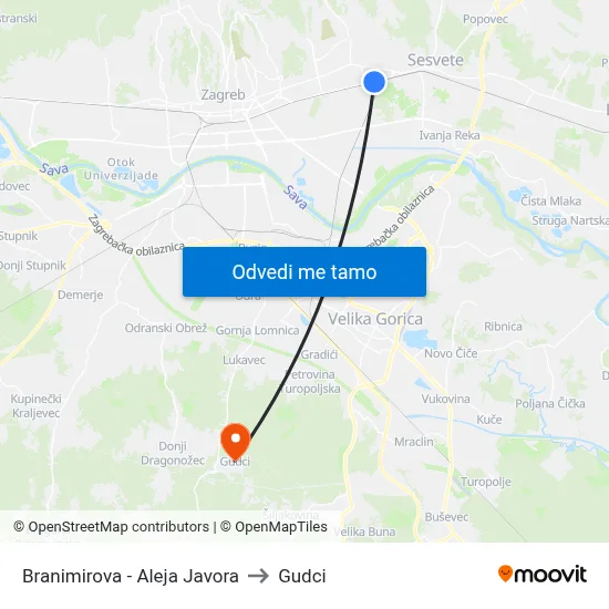 Branimirova - Aleja Javora to Gudci map