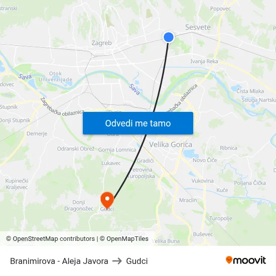 Branimirova - Aleja Javora to Gudci map