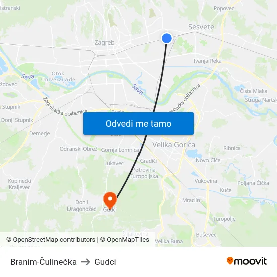 Branim-Čulinečka to Gudci map
