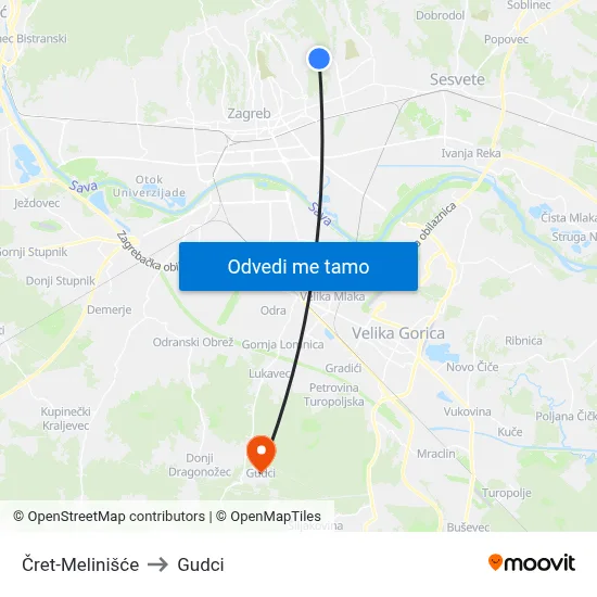 Čret-Melinišće to Gudci map