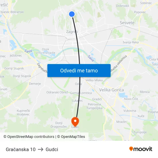Gračanska 10 to Gudci map