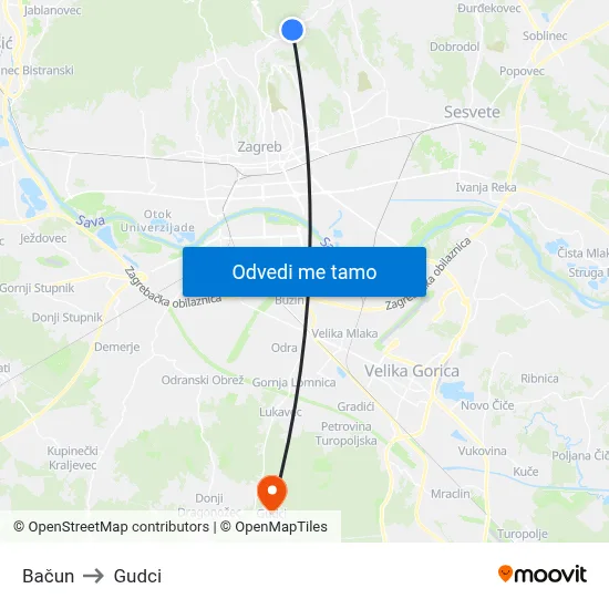Bačun to Gudci map