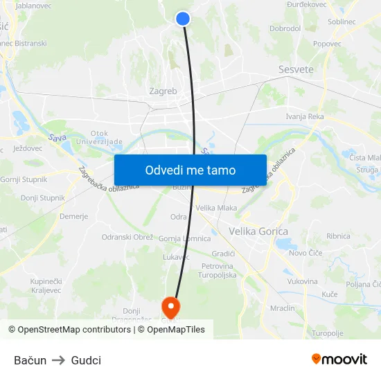 Bačun to Gudci map